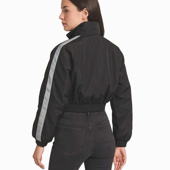 Cest Toi Cropped Black Nylon Jacket With Reflective Stripes & Zippered Front M - Picture 2 of 15